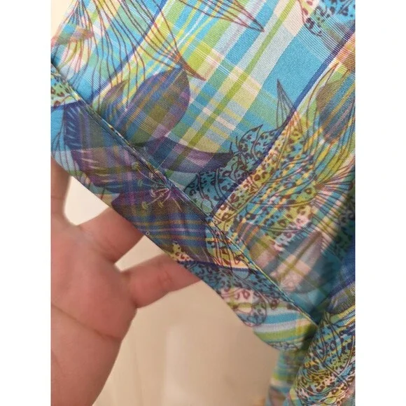 Hollywood Women’s Sheer Button Up Blouse Blue Green Floral Plaid Short Sleeve – - Picture 7 of 12